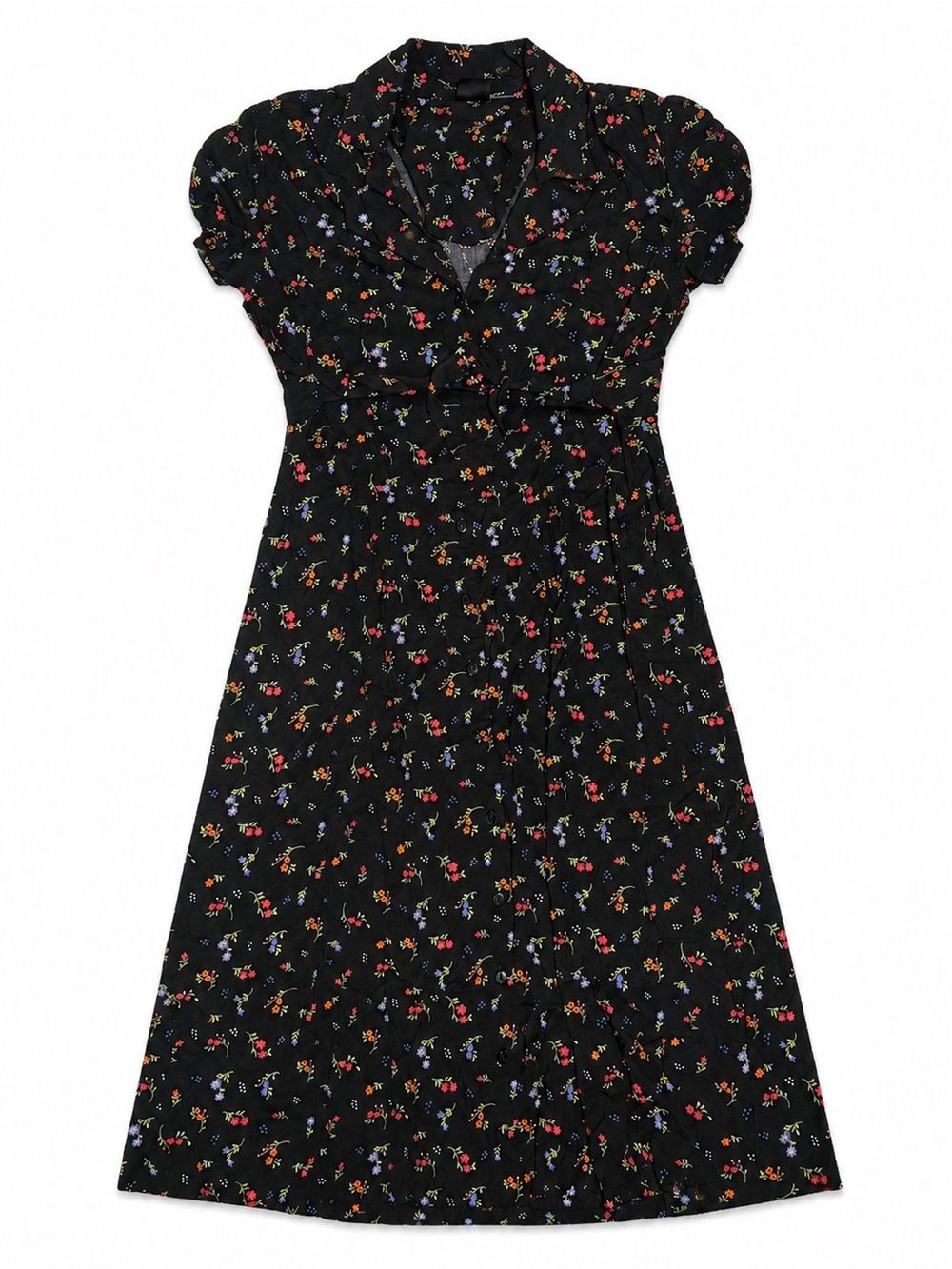 Vintage Erika Dresses XL Black Floral Midi Dress Shoulder Pads Rayon Button